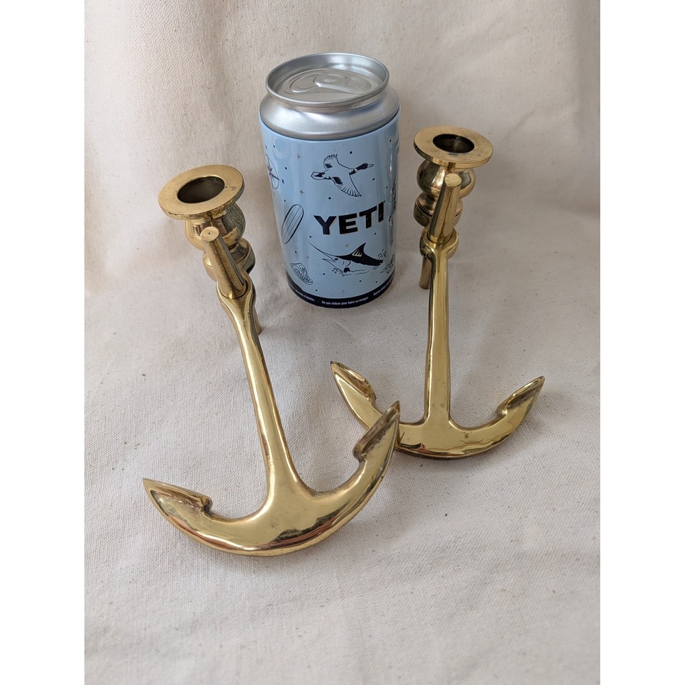 Vintage Solid Brass Anchor Taper Candle Holders Nautical Coastal Decor Set of 2